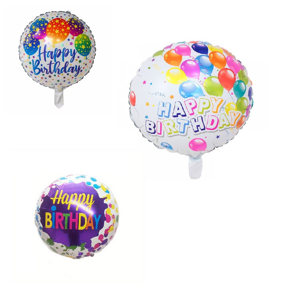 Set 3 Baloane din Folie Metalizata, ANGELBEAR, Mini Figurina Rotunda, Model Happy Birthday, 45 cm, Ambalaj Individual, Pai inclus, Umflare cu Aer sau cu Heliu, Multicolor