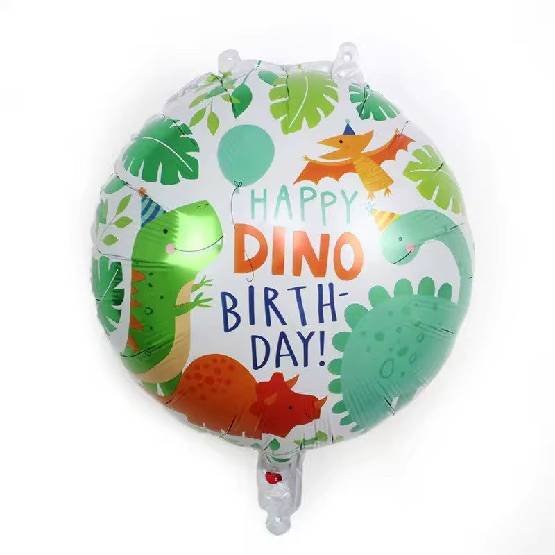 Balon din Folie Metalizata, ANGELBEAR, Mini Figurina Rotunda, Model Happy Birthday cu Dinozauri, Tema Aniversare, 45 cm, Ambalaj Individual, Pai inclus, Umflare cu Aer sau Heliu, Multicolor