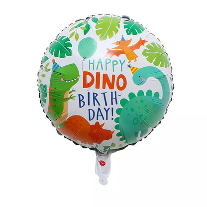Balon din Folie Metalizata, ANGELBEAR, Mini Figurina Rotunda, Model Happy Birthday cu Dinozauri, Tema Aniversare, 45 cm, Ambalaj Individual, Pai inclus, Umflare cu Aer sau Heliu, Multicolor