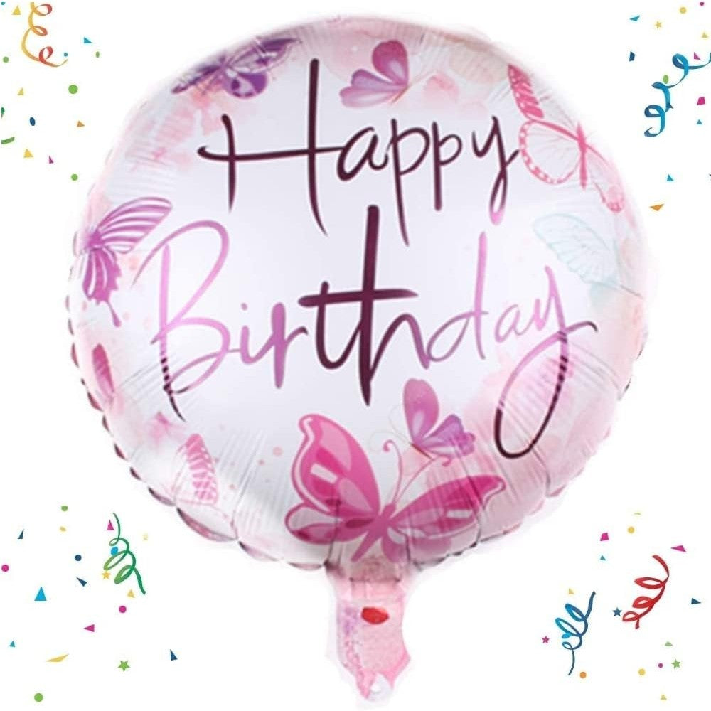 Balon din Folie Metalizata, ANGELBEAR, Mini Figurina Rotunda, Model Happy Birthday Fluturasi, Tema Aniversare, 45 cm, Ambalaj Individual, Pai inclus, Umflare cu Aer sau Heliu, Roz