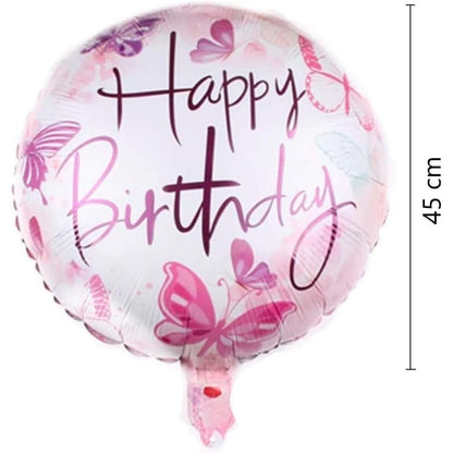 Balon din Folie Metalizata, ANGELBEAR, Mini Figurina Rotunda, Model Happy Birthday Fluturasi, Tema Aniversare, 45 cm, Ambalaj Individual, Pai inclus, Umflare cu Aer sau Heliu, Roz