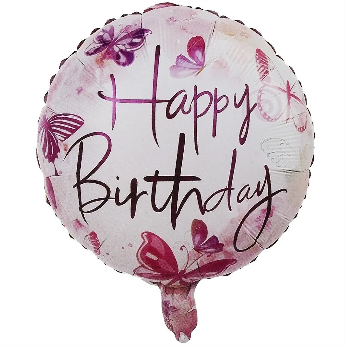 Balon din Folie Metalizata, ANGELBEAR, Mini Figurina Rotunda, Model Happy Birthday Fluturasi, Tema Aniversare, 45 cm, Ambalaj Individual, Pai inclus, Umflare cu Aer sau Heliu, Roz