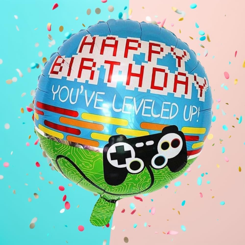 Balon din Folie Metalizata, ANGELBEAR, Mini Figurina Rotunda, Model Happy Birthday Gamer, Tema Aniversare, 45 cm, Ambalaj Individual, Pai inclus, Umflare cu Aer sau Heliu, Albastru