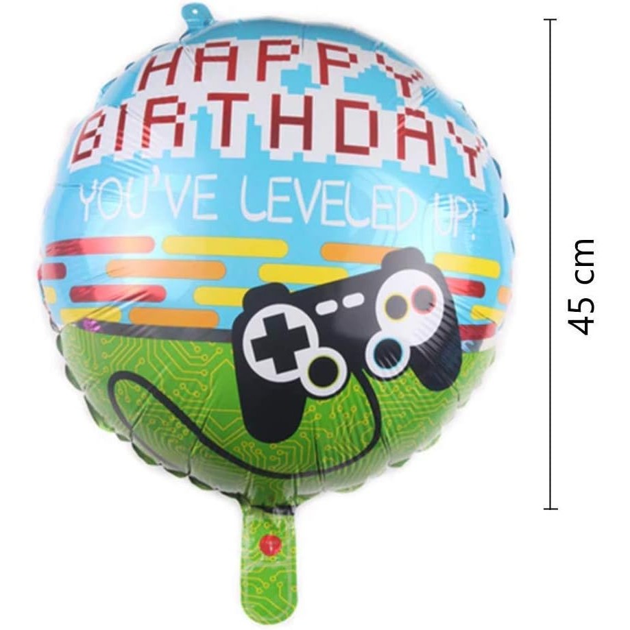 Balon din Folie Metalizata, ANGELBEAR, Mini Figurina Rotunda, Model Happy Birthday Gamer, Tema Aniversare, 45 cm, Ambalaj Individual, Pai inclus, Umflare cu Aer sau Heliu, Albastru