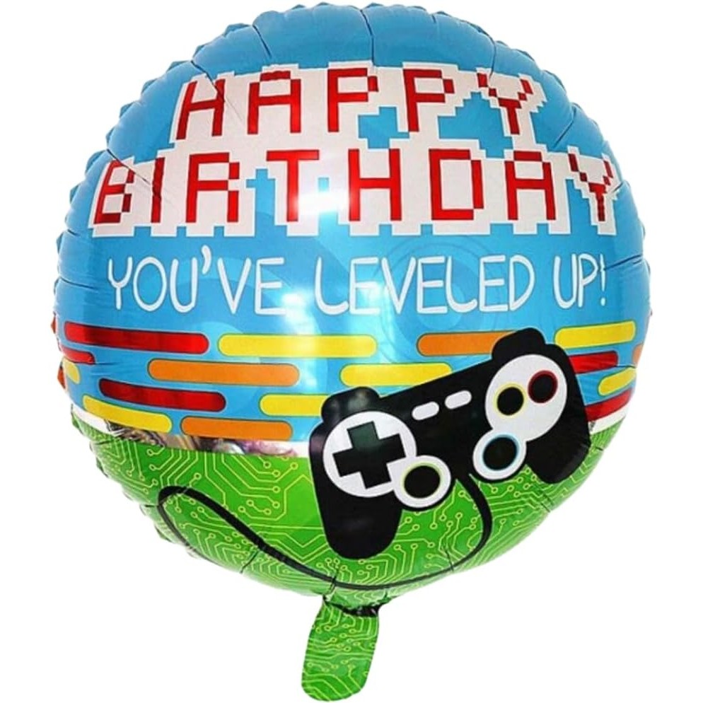 Balon din Folie Metalizata, ANGELBEAR, Mini Figurina Rotunda, Model Happy Birthday Gamer, Tema Aniversare, 45 cm, Ambalaj Individual, Pai inclus, Umflare cu Aer sau Heliu, Albastru