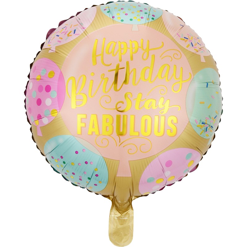 Balon din Folie Metalizata, ANGELBEAR, Mini Figurina Rotunda, Model Happy Birthday Stay Fabulous, Tematica Aniversare, 45 cm, Ambalaj Individual, Pai Inclus, Umflare cu Aer sau Heliu, Multicolor