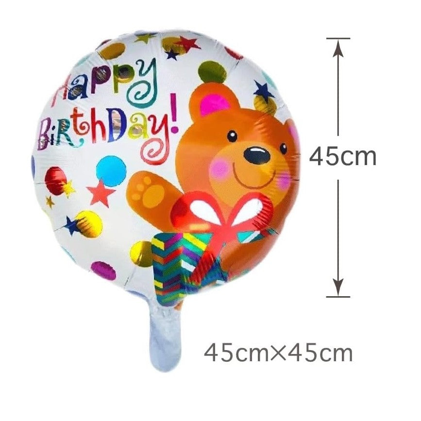 Balon din Folie Metalizata, ANGELBEAR, Mini Figurina Rotunda, Model Happy Birthday Ursulet, Tema Aniversare, 45 cm, Ambalaj Individual, Pai inclus, Umflare cu Aer sau Heliu, Maro