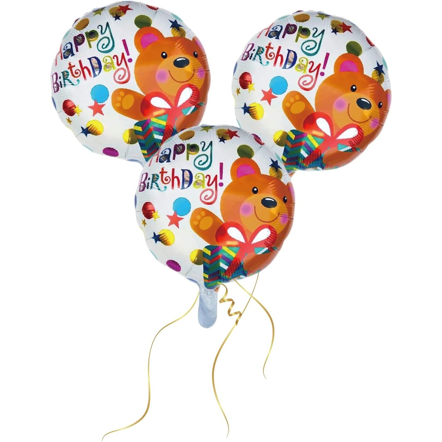 Balon din Folie Metalizata, ANGELBEAR, Mini Figurina Rotunda, Model Happy Birthday Ursulet, Tema Aniversare, 45 cm, Ambalaj Individual, Pai inclus, Umflare cu Aer sau Heliu, Maro