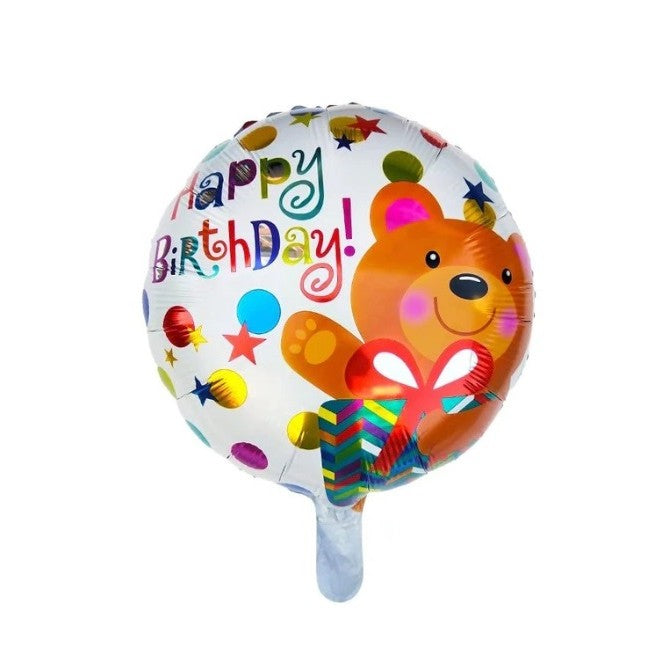 Balon din Folie Metalizata, ANGELBEAR, Mini Figurina Rotunda, Model Happy Birthday Ursulet, Tema Aniversare, 45 cm, Ambalaj Individual, Pai inclus, Umflare cu Aer sau Heliu, Maro