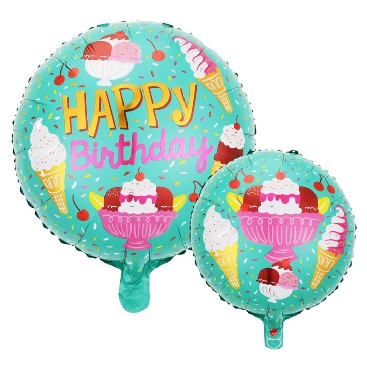 Balon din Folie Metalizata, ANGELBEAR, Mini Figurina Rotunda, Model Inghetata, Happy Birthday, Tematica Aniversare, 45 cm, Ambalaj Individual, Pai Inclus, Umflare cu Aer sau Heliu, Verde