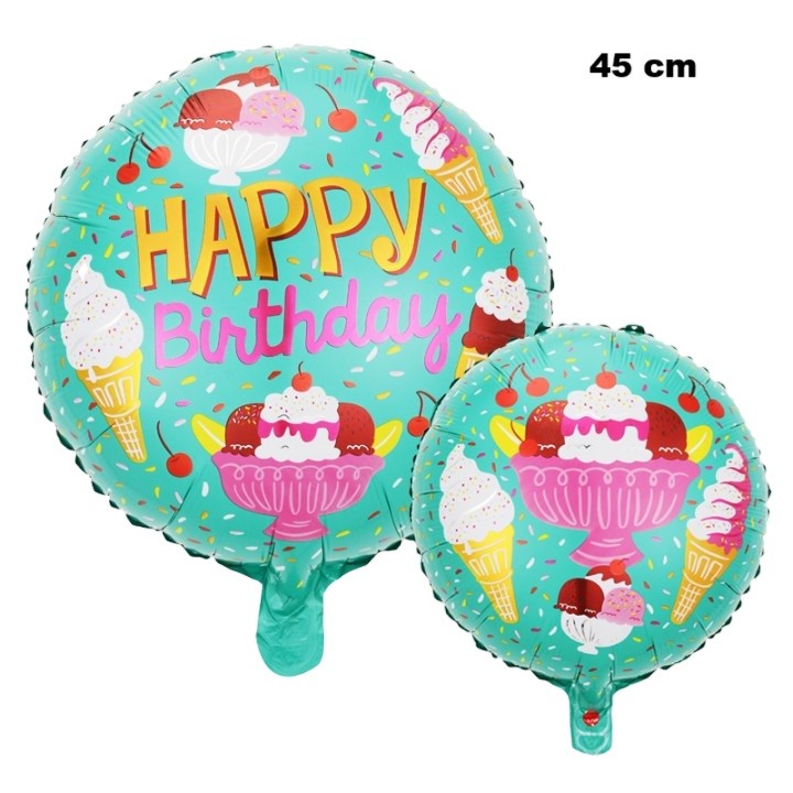 Balon din Folie Metalizata, ANGELBEAR, Mini Figurina Rotunda, Model Inghetata, Happy Birthday, Tematica Aniversare, 45 cm, Ambalaj Individual, Pai Inclus, Umflare cu Aer sau Heliu, Verde