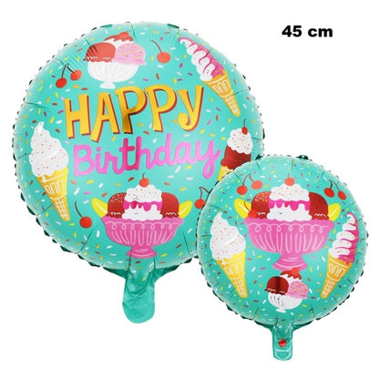 Balon din Folie Metalizata, ANGELBEAR, Mini Figurina Rotunda, Model Inghetata, Happy Birthday, Tematica Aniversare, 45 cm, Ambalaj Individual, Pai Inclus, Umflare cu Aer sau Heliu, Verde