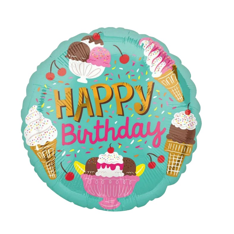 Balon din Folie Metalizata, ANGELBEAR, Mini Figurina Rotunda, Model Inghetata, Happy Birthday, Tematica Aniversare, 45 cm, Ambalaj Individual, Pai Inclus, Umflare cu Aer sau Heliu, Verde