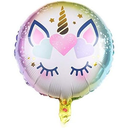Balon din Folie Metalizata, ANGELBEAR, Mini Figurina Rotunda, Model Unicorn, Happy Birthday, Tematica Aniversare, 45 cm, Ambalaj Individual, Pai Inclus, Umflare cu Aer sau Heliu, Multicolor