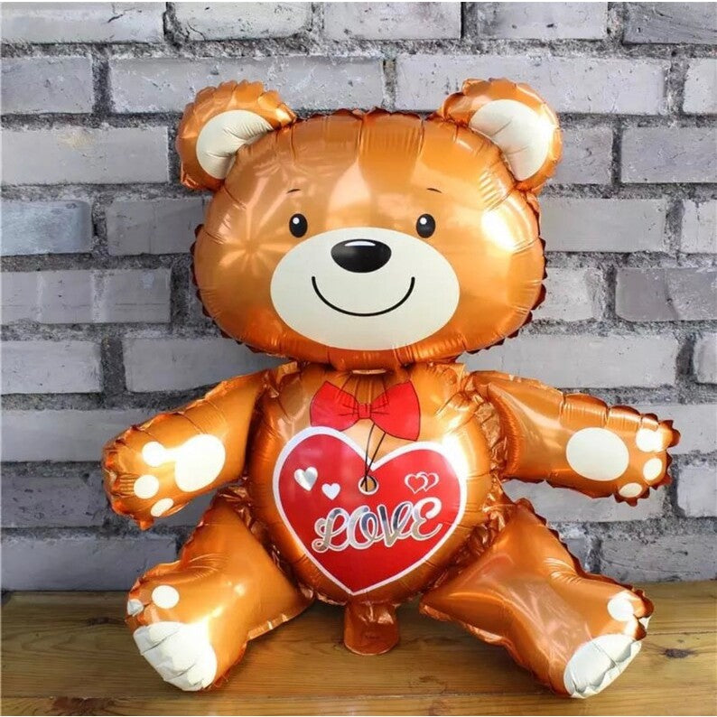 Balon din Folie Metalizata, ANGELBEAR, Figurina Urs, Model Love, Tema Ziua Indragostitilor, 60x63cm, Ambalaj Individual, Pai Inclus, Umflare cu Aer sau Heliu, Maro