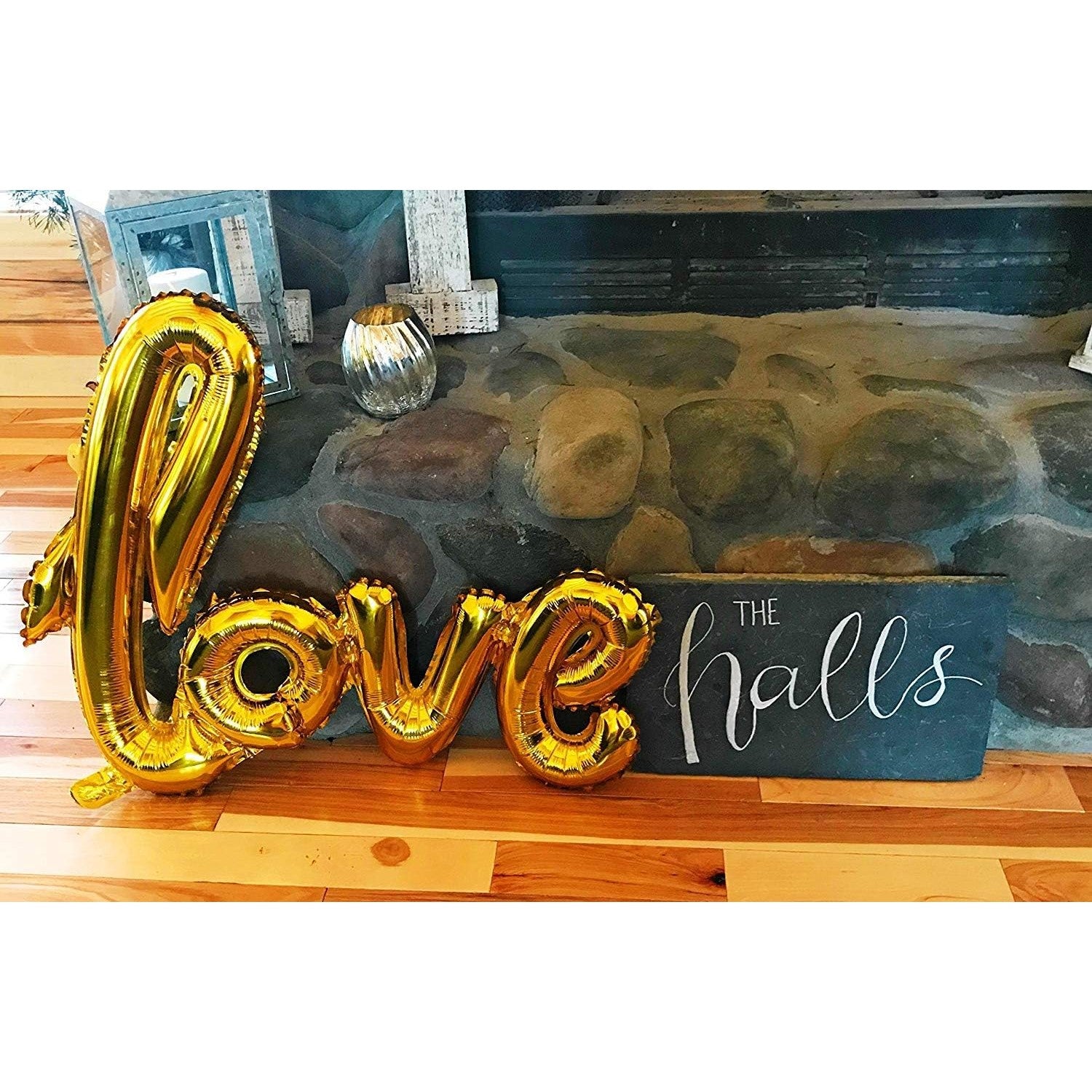 Balon din Folie Metalizata, ANGELBEAR, Model Love scris de mana, 102x65 cm, Tematica Ziua ÃŽndrÄƒgostiÈ›ilor, Ambalaj Individual, Pai Inclus, Umflare cu Aer sau Heliu, Auriu