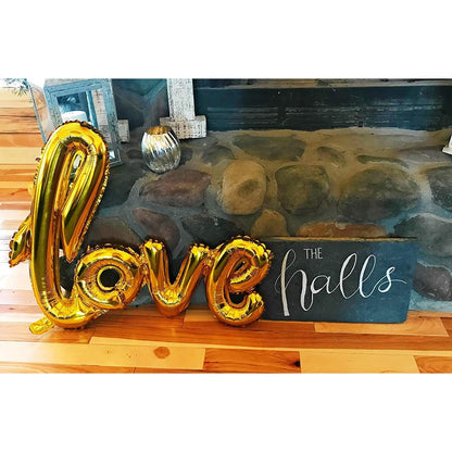 Balon din Folie Metalizata, ANGELBEAR, Model Love scris de mana, 102x65 cm, Tematica Ziua ÃŽndrÄƒgostiÈ›ilor, Ambalaj Individual, Pai Inclus, Umflare cu Aer sau Heliu, Auriu