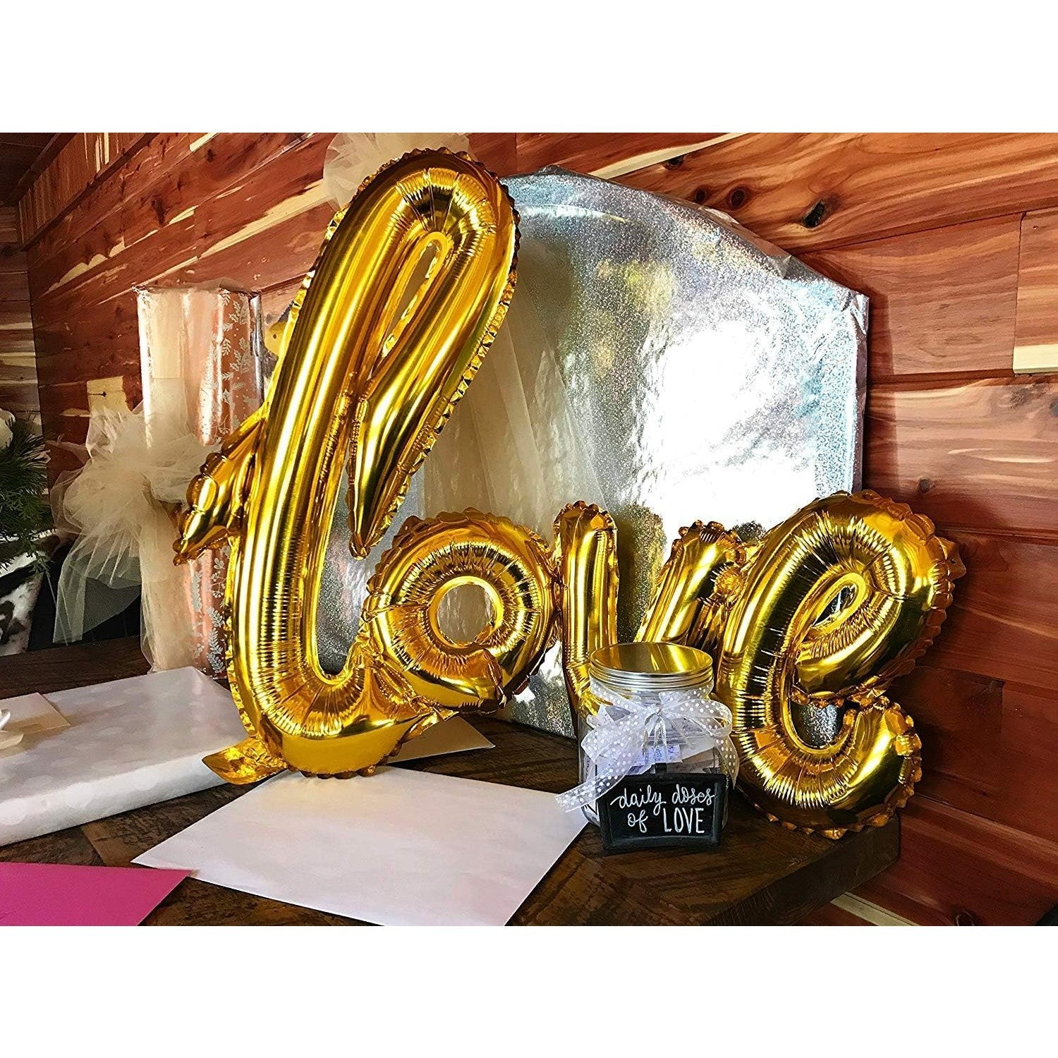 Balon din Folie Metalizata, ANGELBEAR, Model Love scris de mana, 102x65 cm, Tematica Ziua ÃŽndrÄƒgostiÈ›ilor, Ambalaj Individual, Pai Inclus, Umflare cu Aer sau Heliu, Auriu