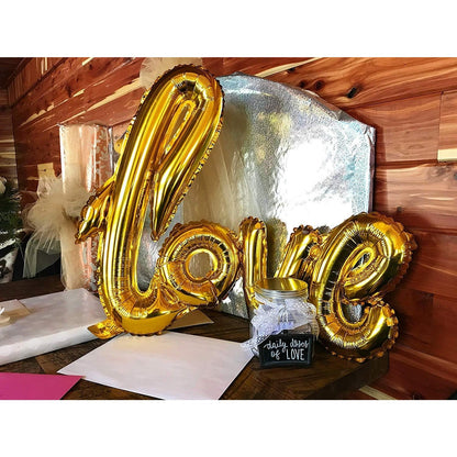 Balon din Folie Metalizata, ANGELBEAR, Model Love scris de mana, 102x65 cm, Tematica Ziua ÃŽndrÄƒgostiÈ›ilor, Ambalaj Individual, Pai Inclus, Umflare cu Aer sau Heliu, Auriu