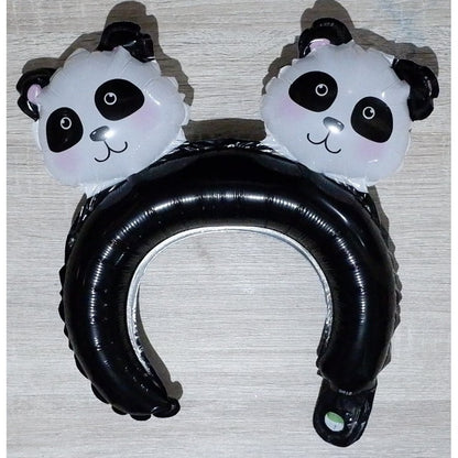 Balon din Folie Metalizata, ANGELBEAR, Tip Coronita cu Urechi, Model Panda, Ambalaj Individual, Pai Inclus, Umflare cu Aer sau Heliu, 30 x 27 cm, Albastru