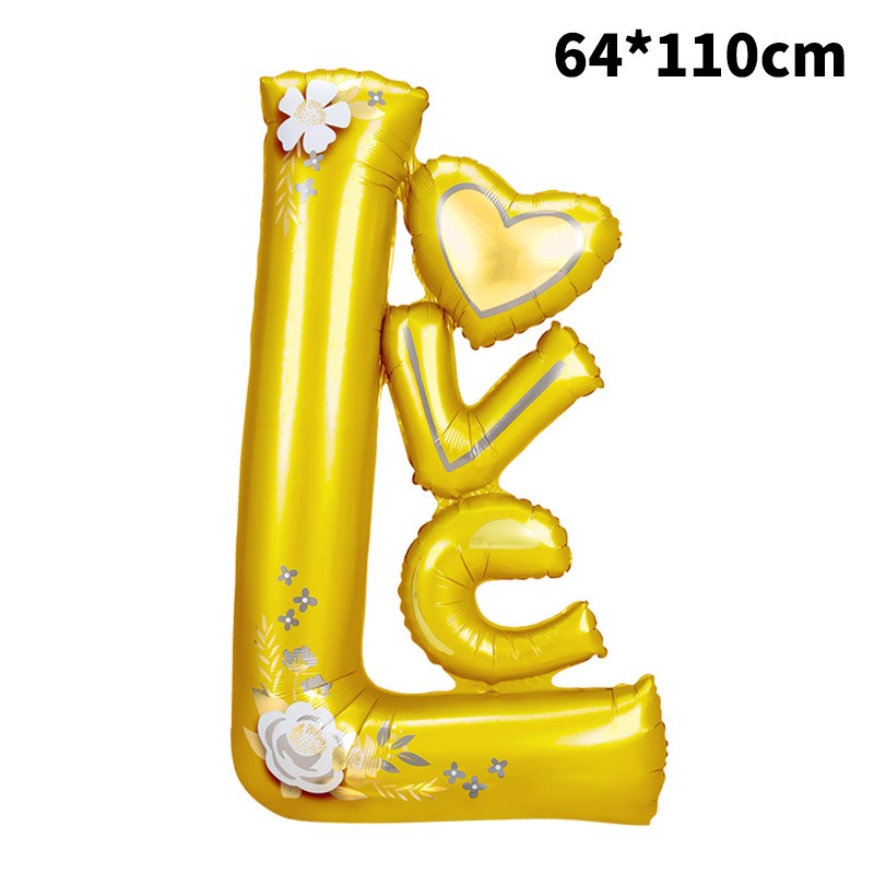 Balon din Folie Metalizata, ANGELBEAR, Figurine, Model LOVE, Tematica Iubire, 110x64 cm, Ambalaj Individual, Pai Inclus, Umflare cu Aer sau Heliu, Galben