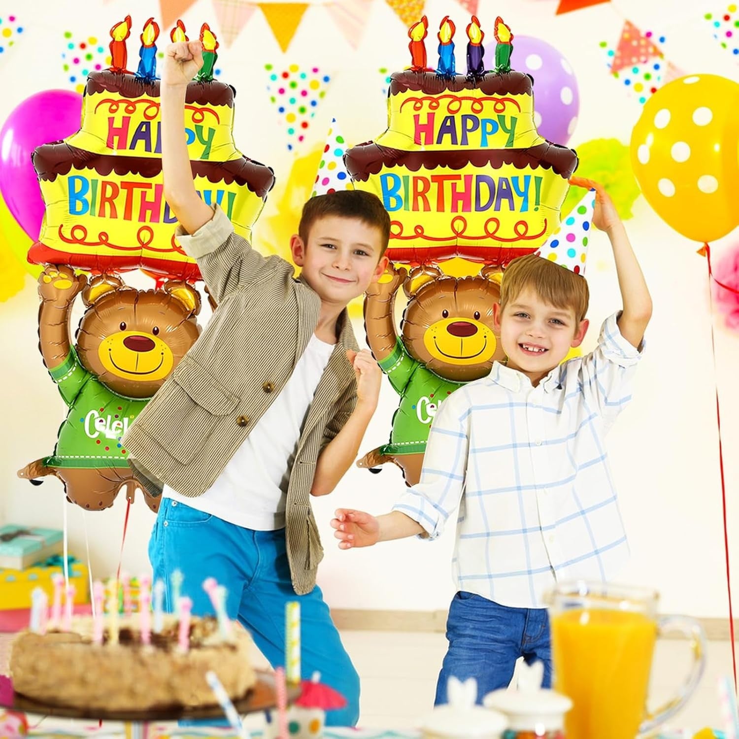 Balon din Folie Metalizata, ANGELBEAR, Figurine Animalute, Model Ursulet cu Tort Aniversar, 124x65 cm, Ambalaj Individual, Pai Inclus, Umflare cu Aer sau Heliu, Multicolor