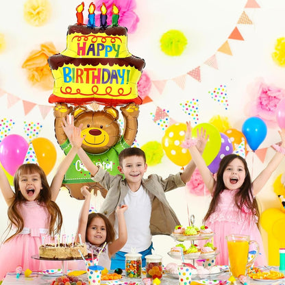 Balon din Folie Metalizata, ANGELBEAR, Figurine Animalute, Model Ursulet cu Tort Aniversar, 124x65 cm, Ambalaj Individual, Pai Inclus, Umflare cu Aer sau Heliu, Multicolor