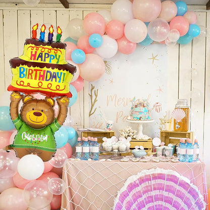 Balon din Folie Metalizata, ANGELBEAR, Figurine Animalute, Model Ursulet cu Tort Aniversar, 124x65 cm, Ambalaj Individual, Pai Inclus, Umflare cu Aer sau Heliu, Multicolor