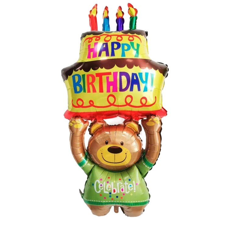 Balon din Folie Metalizata, ANGELBEAR, Figurine Animalute, Model Ursulet cu Tort Aniversar, 124x65 cm, Ambalaj Individual, Pai Inclus, Umflare cu Aer sau Heliu, Multicolor