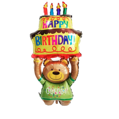 Balon din Folie Metalizata, ANGELBEAR, Figurine Animalute, Model Ursulet cu Tort Aniversar, 124x65 cm, Ambalaj Individual, Pai Inclus, Umflare cu Aer sau Heliu, Multicolor