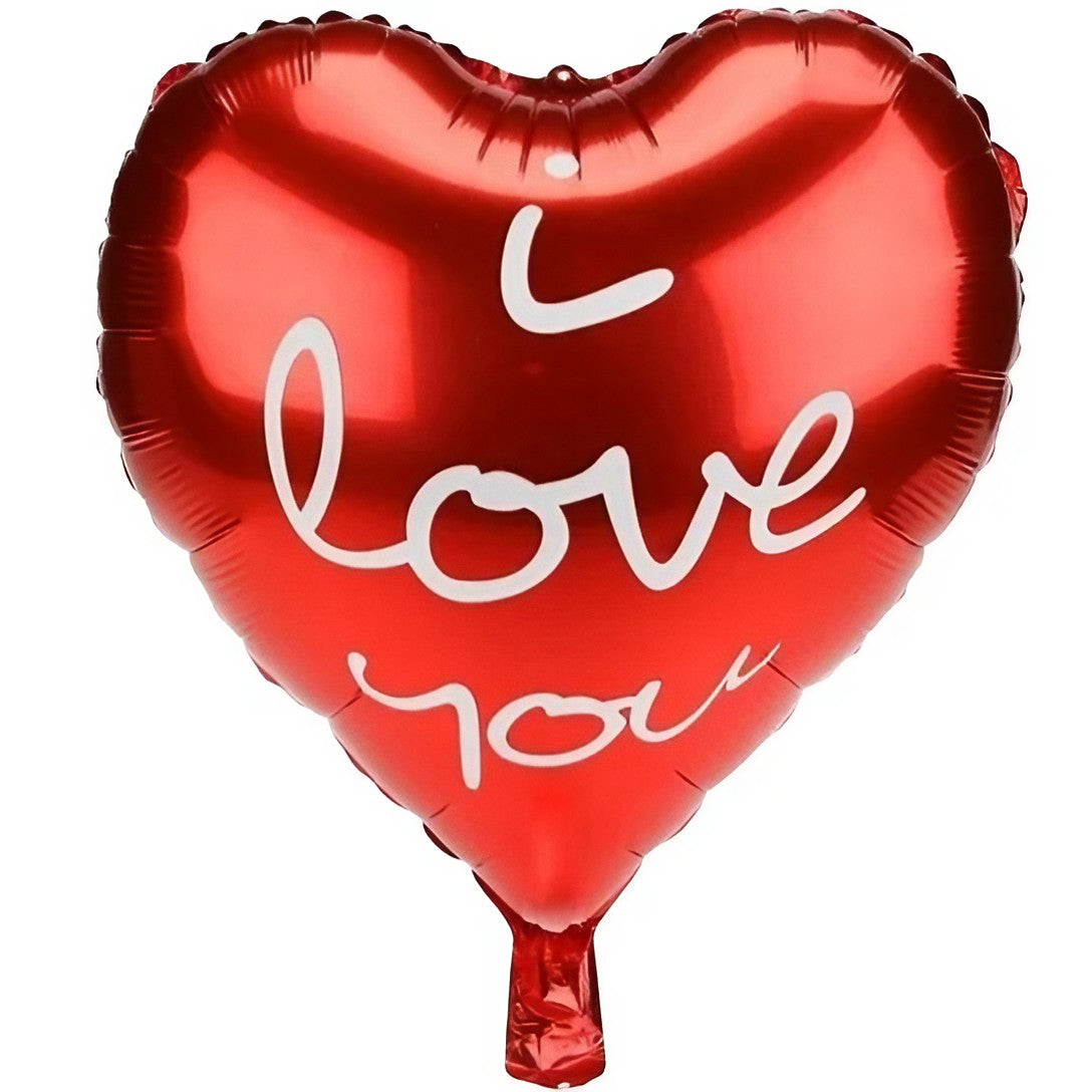 Balon din Folie Metalizata, ANGELBEAR, Figurina Inima, Model I Love You Scris de Mana, Tema Ziua Indragostitilor, 45 cm, Ambalaj Individual, Pai Inclus, Umflare cu Aer sau Heliu, Rosu