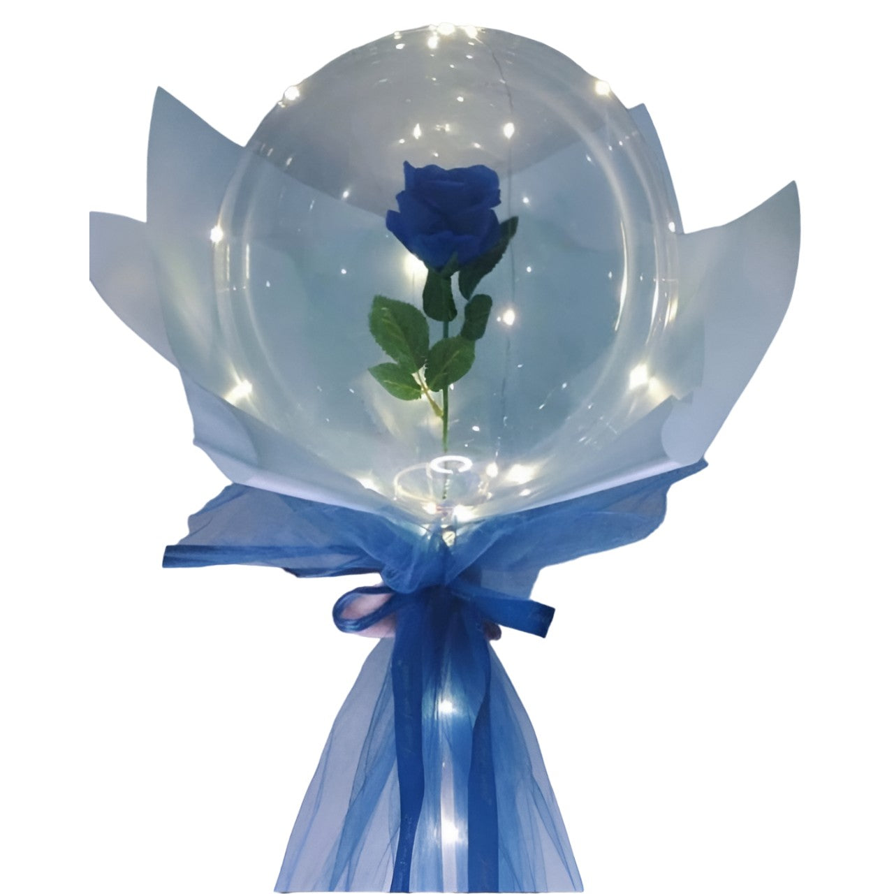 Trandafir in Balon LED cu Lumini, ANGELBEAR, Tip Buchet, Diametru 35 cm, Albastru