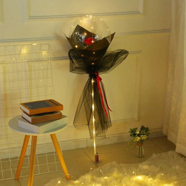 Trandafir in Balon LED cu Lumini, ANGELBEAR, Tip Buchet, Diametru 35 cm, Rosu