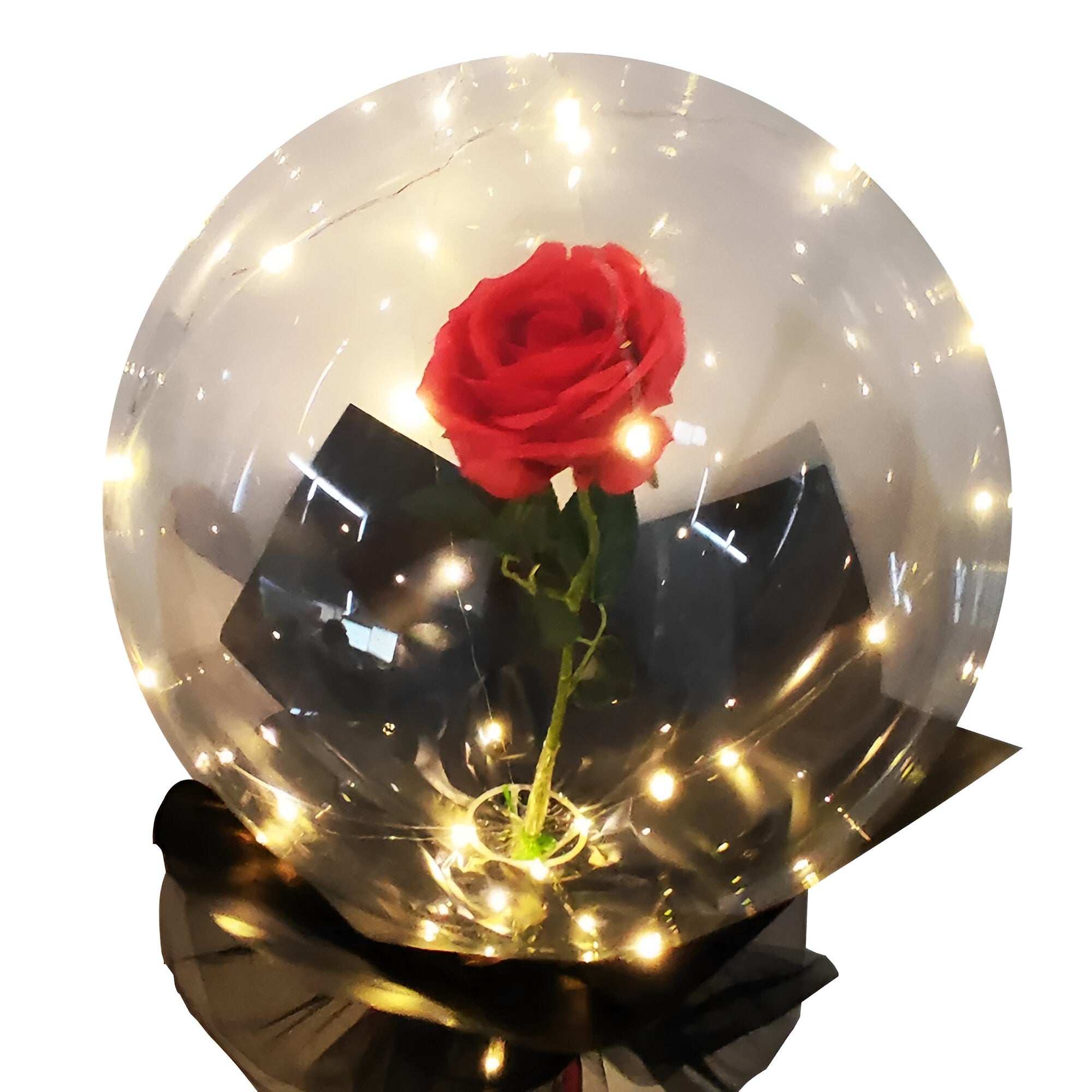 Trandafir in Balon LED cu Lumini, ANGELBEAR, Tip Buchet, Diametru 35 cm, Rosu