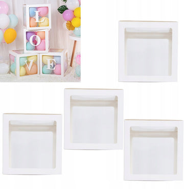 Set 4 Cutii pentru Baloane, ANGELBEAR, Model Simplu, Tematica Aniversare, Cuburi Decorative din Plastic, Accesorii pentru Petrecere, 30 x30 cm, Transparente Contur Alb