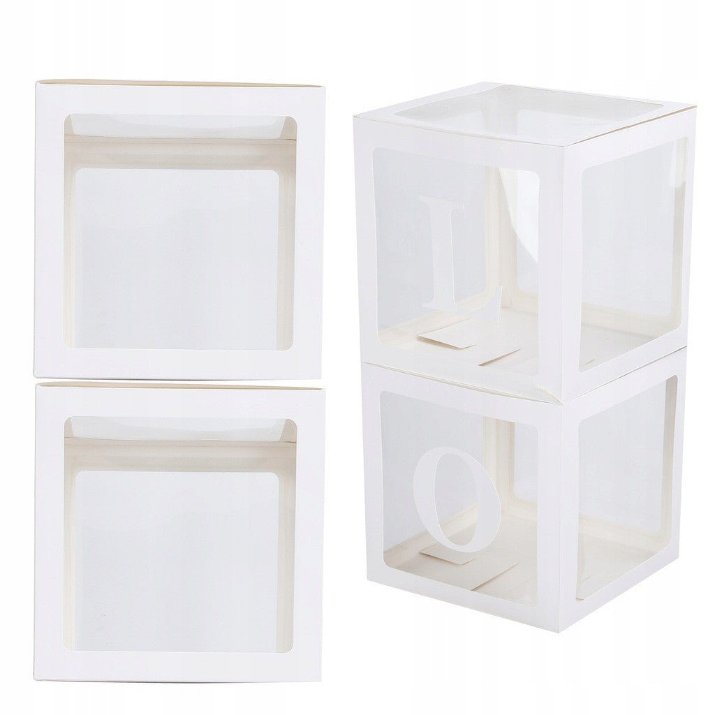 Set 4 Cutii pentru Baloane, ANGELBEAR, Model Simplu, Tematica Aniversare, Cuburi Decorative din Plastic, Accesorii pentru Petrecere, 30 x30 cm, Transparente Contur Alb