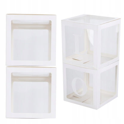 Set 4 Cutii pentru Baloane, ANGELBEAR, Model Simplu, Tematica Aniversare, Cuburi Decorative din Plastic, Accesorii pentru Petrecere, 30 x30 cm, Transparente Contur Alb