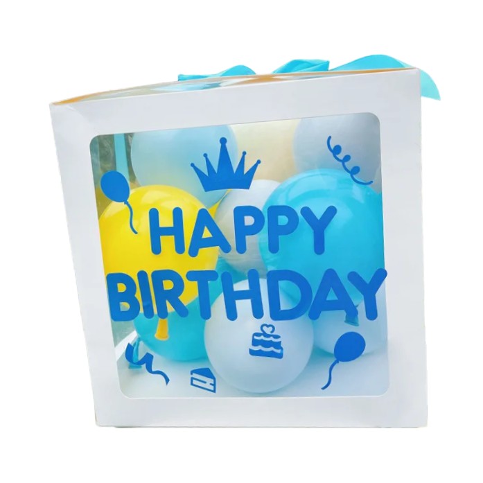 Cutie pentru Baloane, ANGELBEAR, Tematica Aniversare, Model Scris Happy Birthday, Baloane Albastre, Albe, Galbene si Panglica Incluse, Contur Alb, Transparenta, 30x30 cm