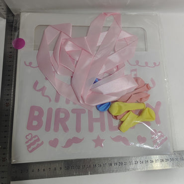 Cutie pentru Baloane, ANGELBEAR, Tematica Aniversare, Model Scris Happy Birthday, Baloane Albastre, Roz, Galbene si Panglica Incluse, Contur Alb, Transparenta, 30x30 cm