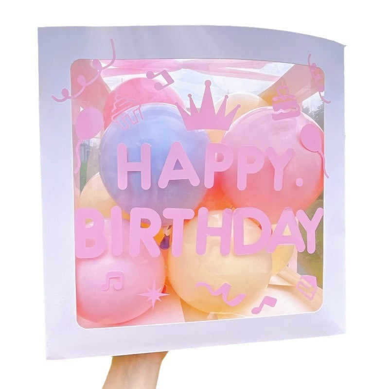 Cutie pentru Baloane, ANGELBEAR, Tematica Aniversare, Model Scris Happy Birthday, Baloane Albastre, Roz, Galbene si Panglica Incluse, Contur Alb, Transparenta, 30x30 cm