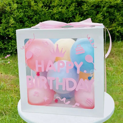 Cutie pentru Baloane, ANGELBEAR, Tematica Aniversare, Model Scris Happy Birthday, Baloane Albastre, Roz, Galbene si Panglica Incluse, Contur Alb, Transparenta, 30x30 cm