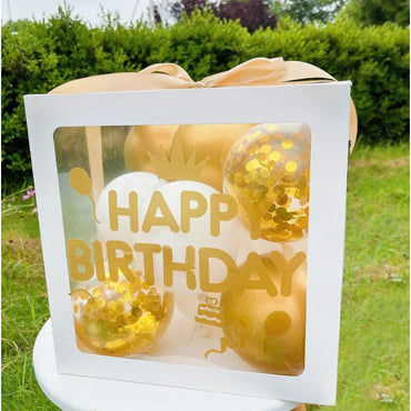 Cutie pentru Baloane, ANGELBEAR, Tematica Aniversare, Model Scris Happy Birthday, Baloane Aurii, Albe si Panglica Incluse, Contur Alb, Transparenta, 30x30 cm
