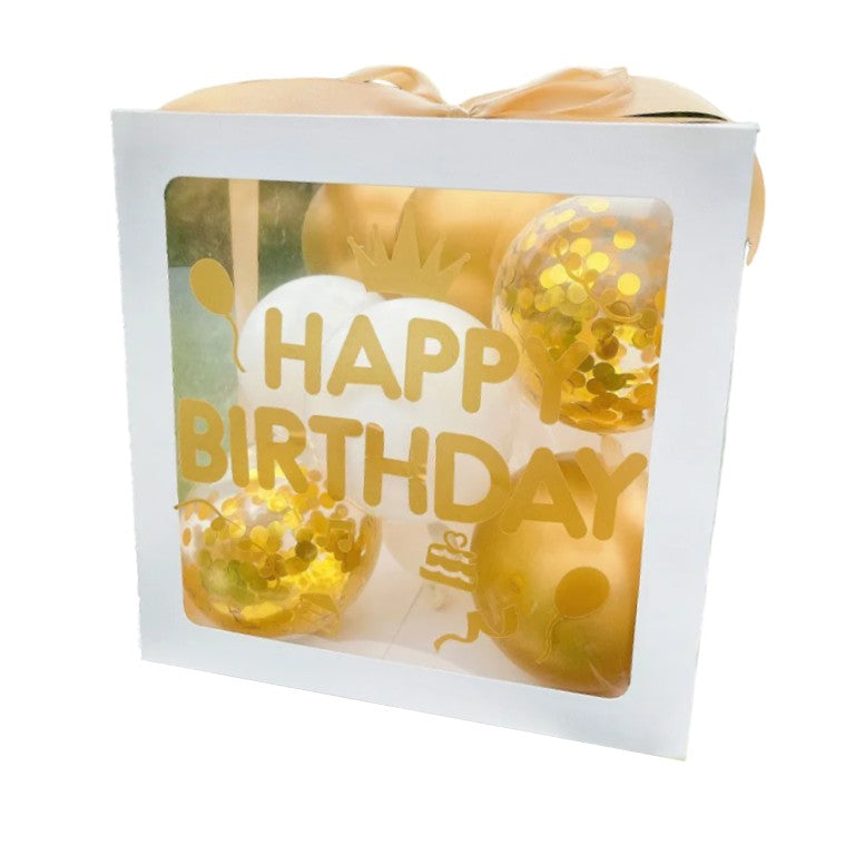 Cutie pentru Baloane, ANGELBEAR, Tematica Aniversare, Model Scris Happy Birthday, Baloane Aurii, Albe si Panglica Incluse, Contur Alb, Transparenta, 30x30 cm