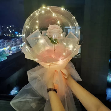 Trandafir in Balon LED cu Lumini, ANGELBEAR, Tip Buchet, Diametru 35 cm, Roz
