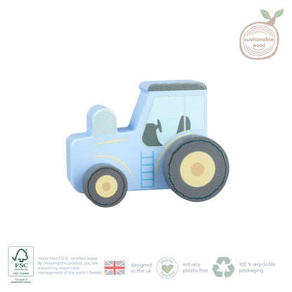 Jucarie de impins Tractor albastru din lemn, Orange Tree Toys