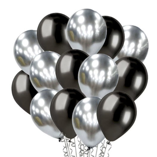 Set 10 Baloane din Latex Chrome, ANGELBEAR, Model Party, 23 cm, Negru Argintiu, 2.2 g