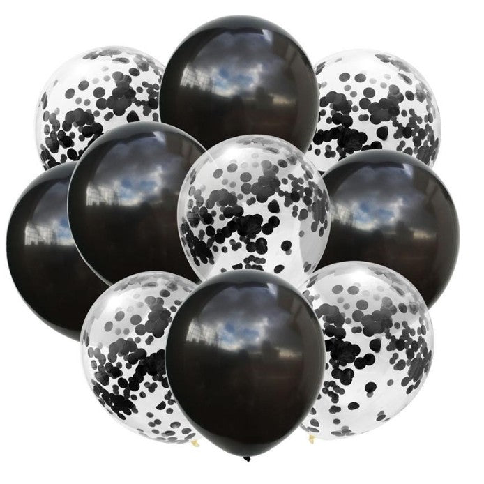 Set 10 Baloane din Latex, ANGELBEAR, Model Party Confetti, 5 x Confetti, 5 x Negru, 25 cm, 2.2g