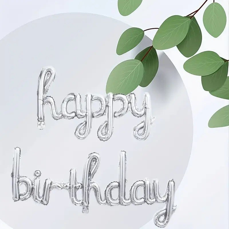 Set 10 Baloane din Folie Metalizata, ANGELBEAR, Figurine Litere, Model Scris de Mana Happy Birthday, Tema Aniversare, 40 cm, Ambalaj Individual, Pai Inclus, Umflare cu Aer sau Heliu, Argintiu