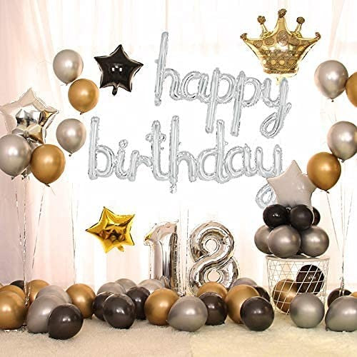 Set 10 Baloane din Folie Metalizata, ANGELBEAR, Figurine Litere, Model Scris de Mana Happy Birthday, Tema Aniversare, 40 cm, Ambalaj Individual, Pai Inclus, Umflare cu Aer sau Heliu, Argintiu