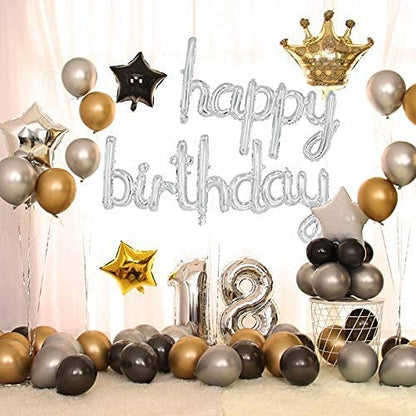 Set 10 Baloane din Folie Metalizata, ANGELBEAR, Figurine Litere, Model Scris de Mana Happy Birthday, Tema Aniversare, 40 cm, Ambalaj Individual, Pai Inclus, Umflare cu Aer sau Heliu, Argintiu